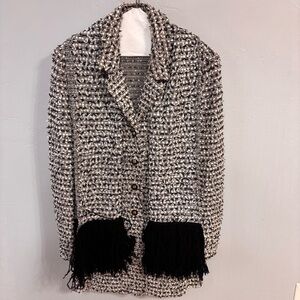 St John Collection Women's Black & White Tweed w Scarf Long Blazer Sz 12 EUC